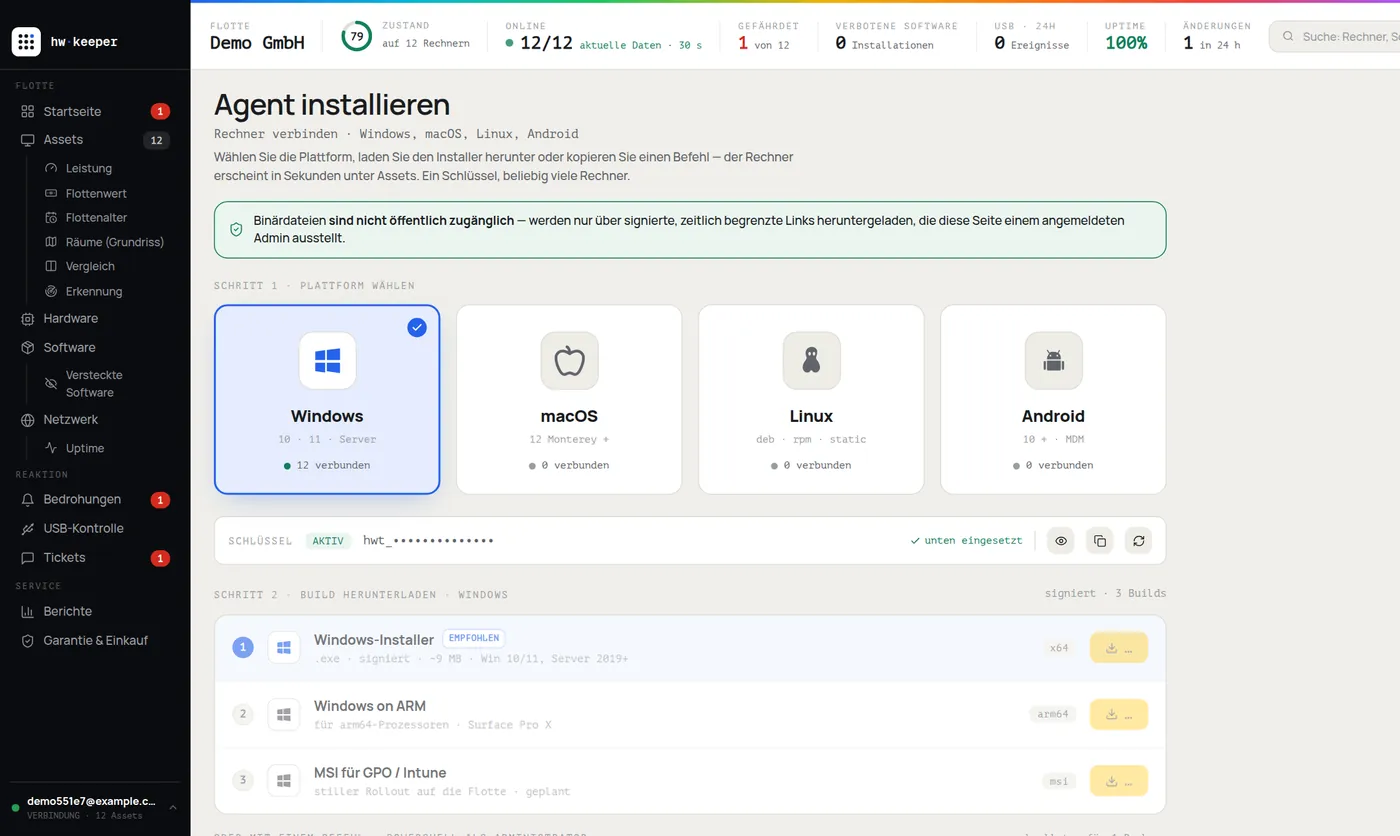 Seite zur Agent-Installation in HWKeeper: Windows, macOS, Linux, Android