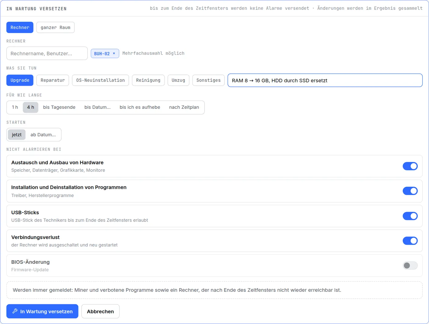 Formular „In Wartung versetzen“ in HWKeeper: Rechner BUH-02, Upgrade, Notiz „RAM 8 → 16 GB, HDD durch SSD ersetzt“, Dauer 4 Stunden, Schalter „nicht alarmieren bei“