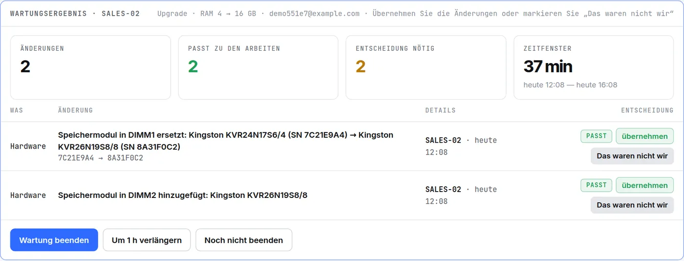 Wartungsergebnis für SALES-02: zwei Speicheränderungen passen zu den Arbeiten, Schaltflächen „übernehmen“ und „Das waren nicht wir“, „Wartung beenden“