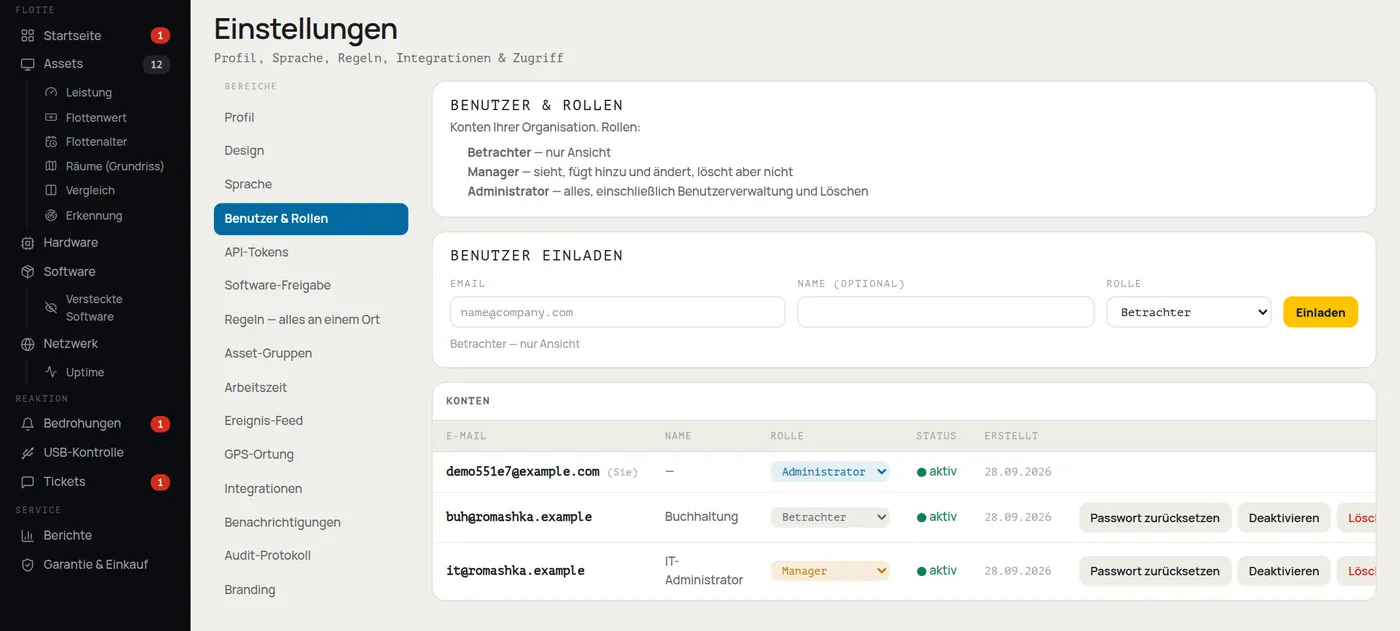 HWKeeper-Einstellungen: Benutzer und Rollen — Administrator, Betrachter, Manager