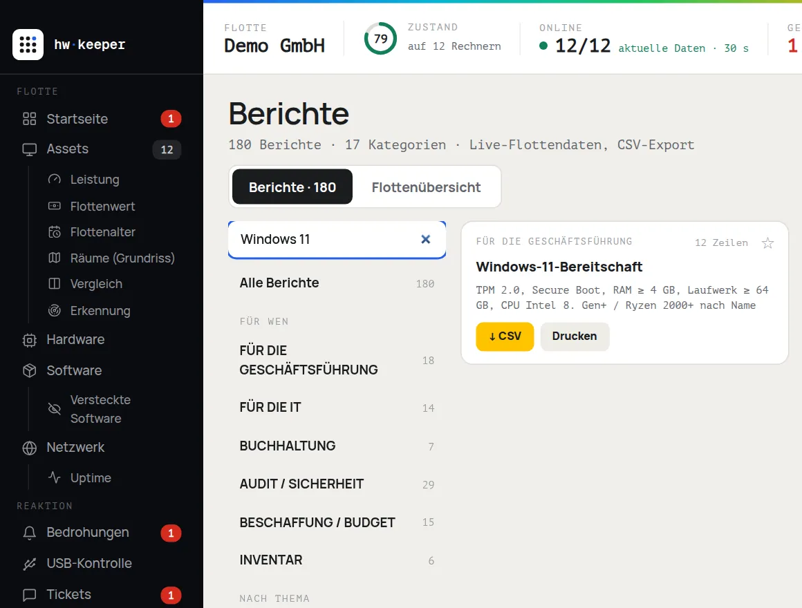 Bereich „Berichte“ in HWKeeper, gefundener Bericht „Windows-11-Bereitschaft“