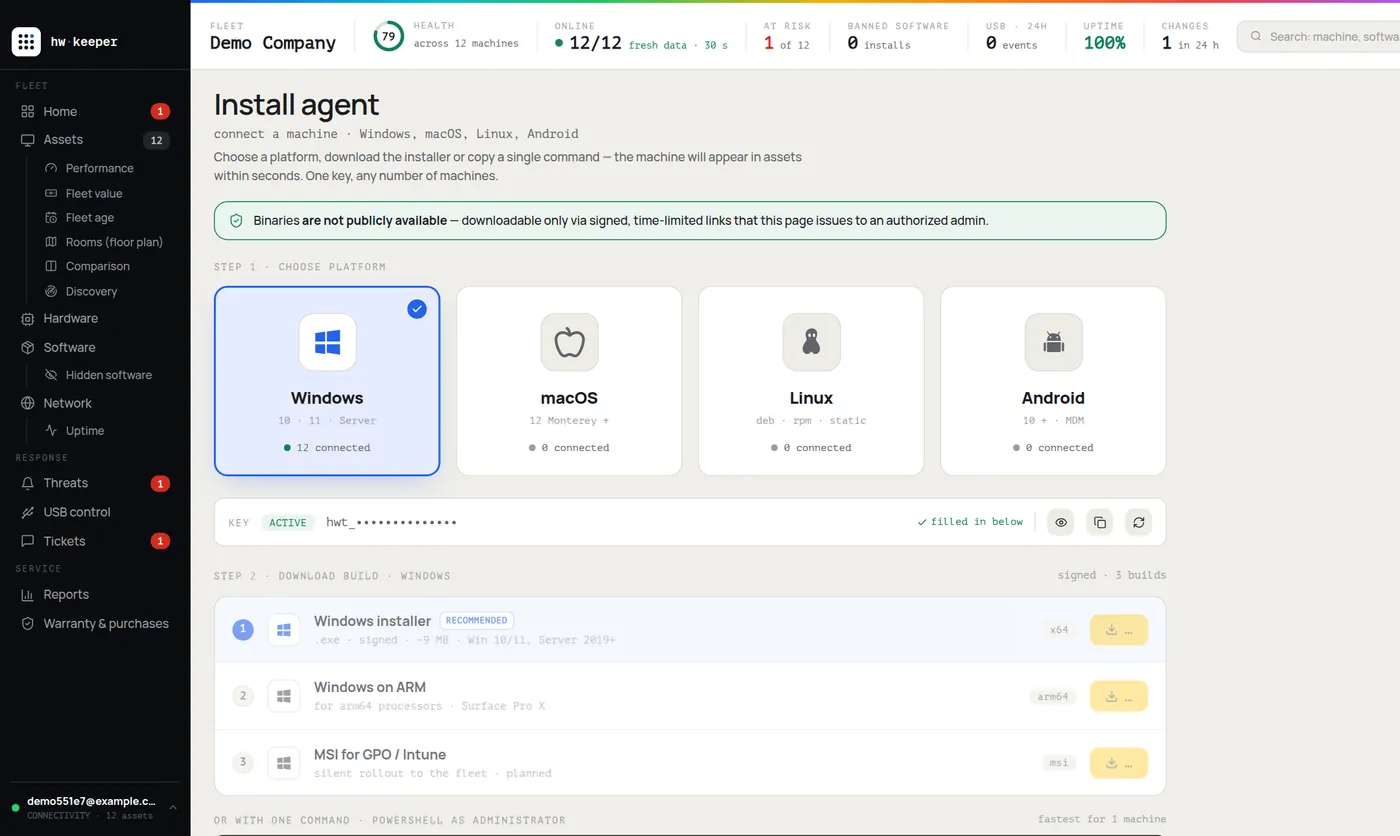 HWKeeper agent installation page: Windows, macOS, Linux, Android