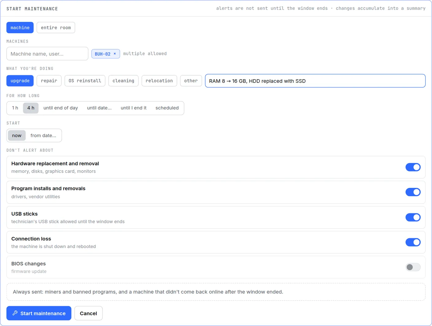 The Start maintenance form in HWKeeper: machine BUH-02, upgrade, note “RAM 8 → 16 GB, HDD replaced with SSD”, 4 hours, “don't alert about” switches
