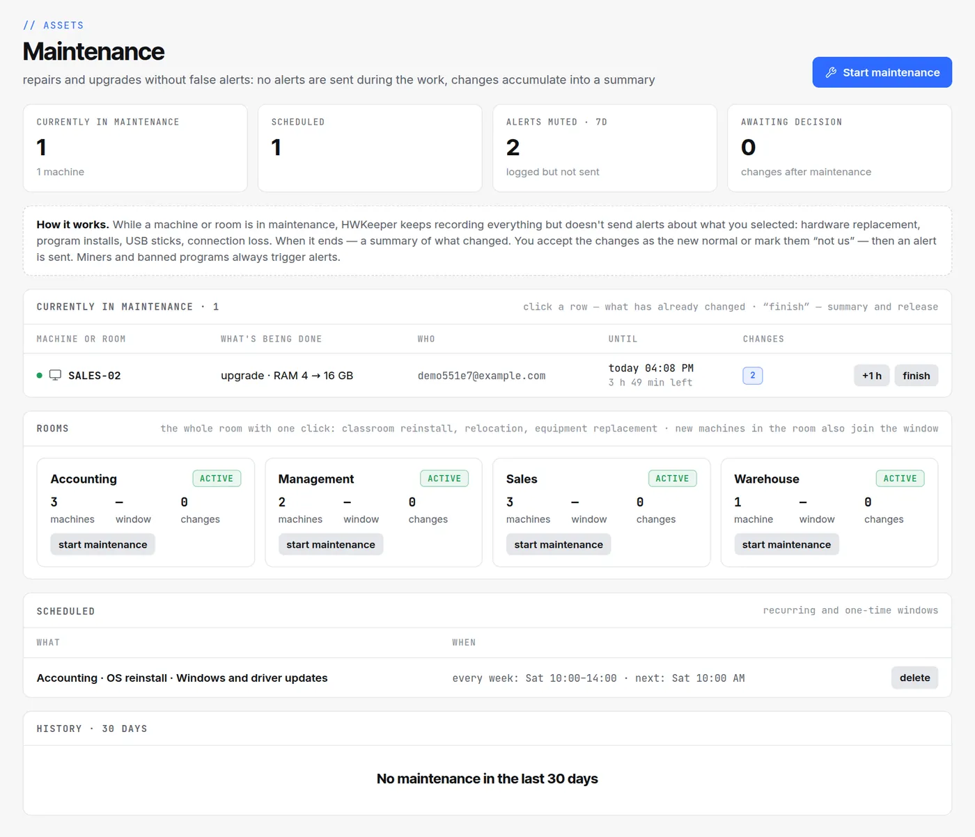 The Maintenance page: SALES-02 in a memory upgrade, rooms, and a scheduled window for Accounting on Saturdays
