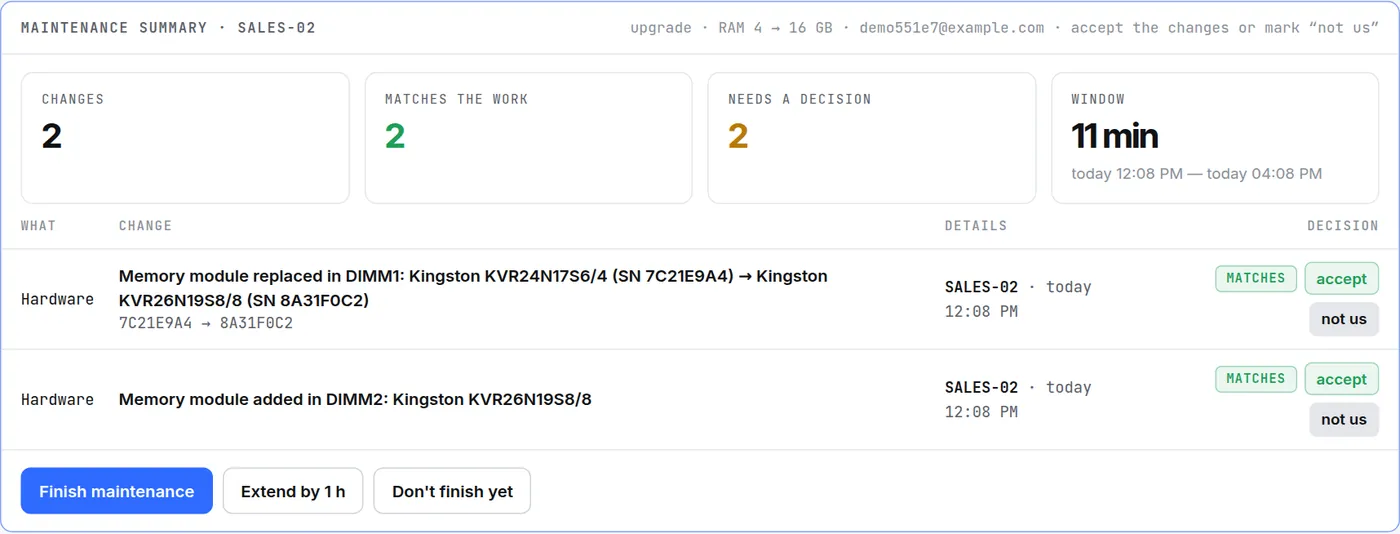 Maintenance summary for SALES-02: two memory changes match the work, accept and not us buttons, Finish maintenance