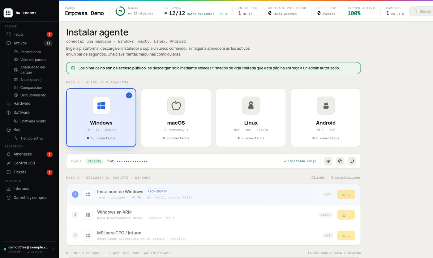 Página de instalación del agente de HWKeeper: elegir Windows, macOS, Linux o Android y descargar el instalador