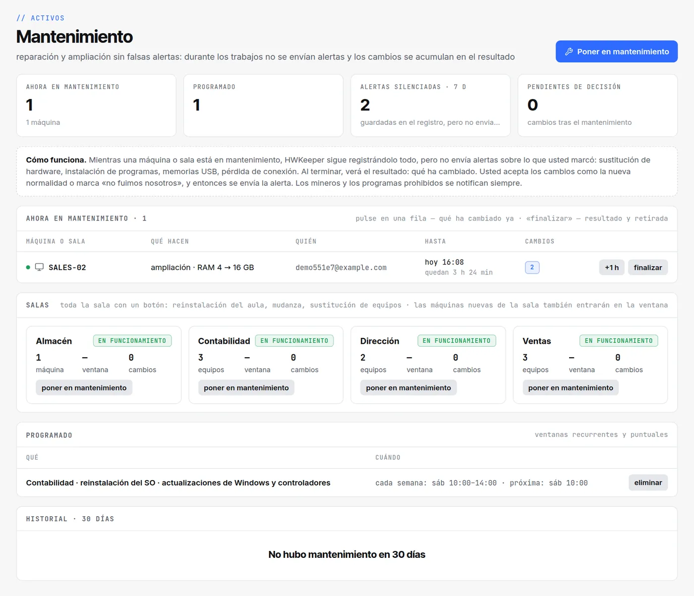Sección «Mantenimiento»: la máquina SALES-02 en ampliación de memoria, salas y una ventana programada para Contabilidad los sábados