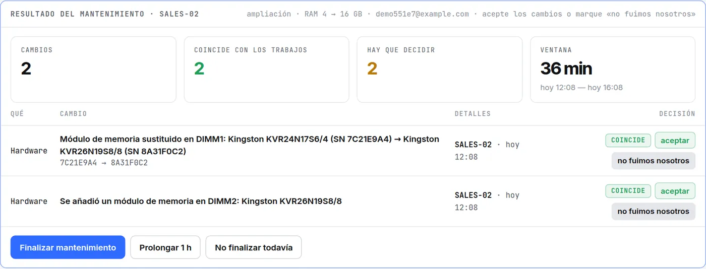 Resultado del mantenimiento de SALES-02: dos cambios de memoria coinciden con los trabajos, botones «aceptar» y «no fuimos nosotros», «Finalizar mantenimiento»