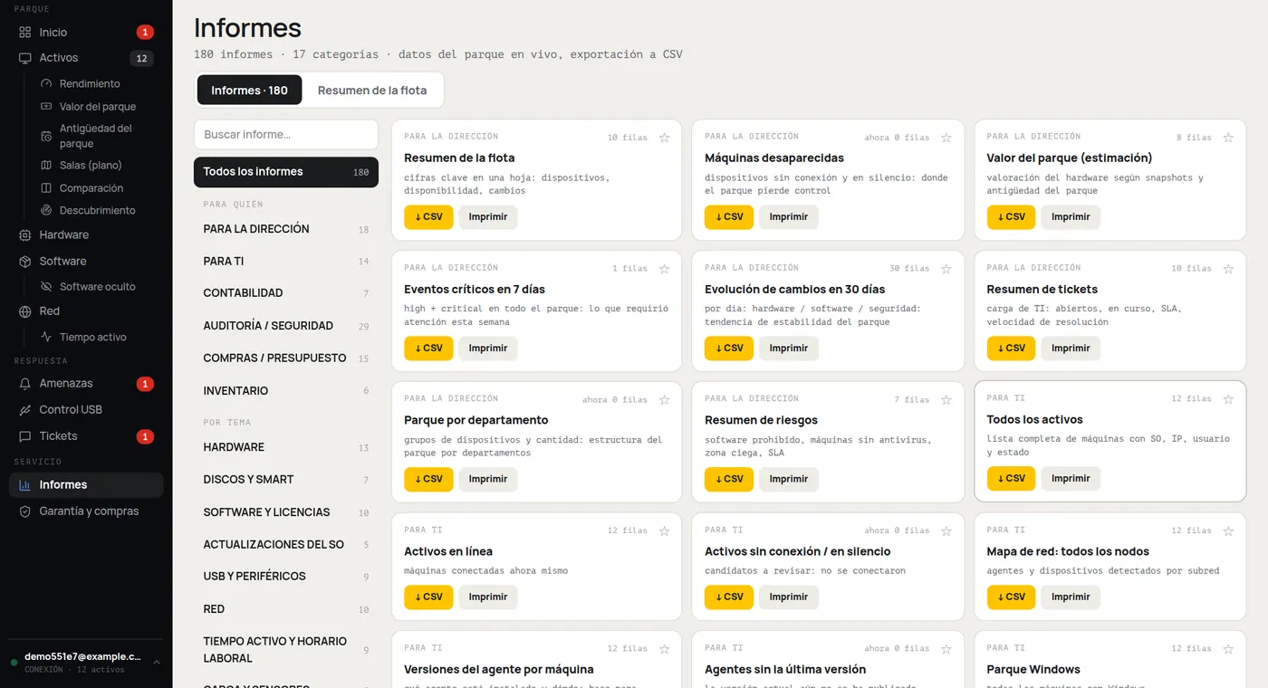 Sección «Informes» en HWKeeper: 180 informes por categorías para dirección, TI, contabilidad, auditoría y compras