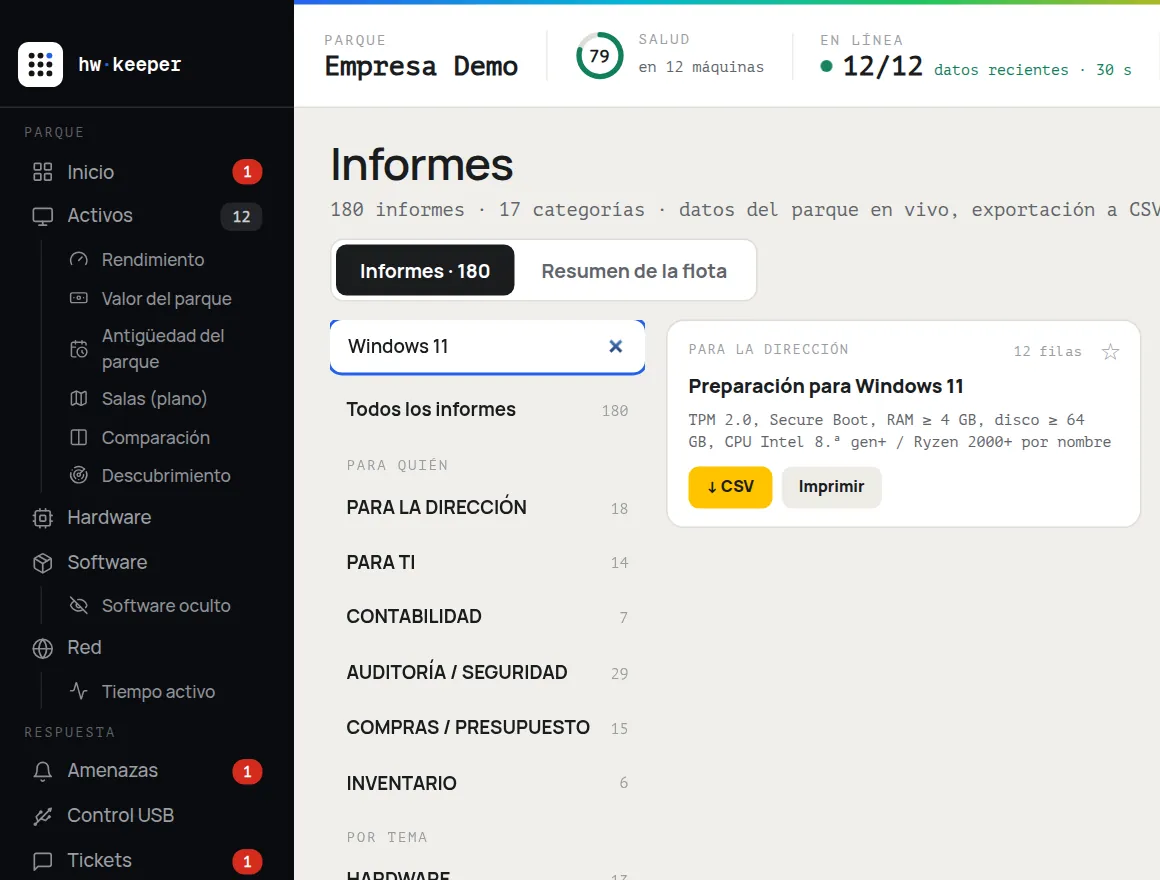 Sección «Informes» de HWKeeper con el informe «Preparación para Windows 11» encontrado
