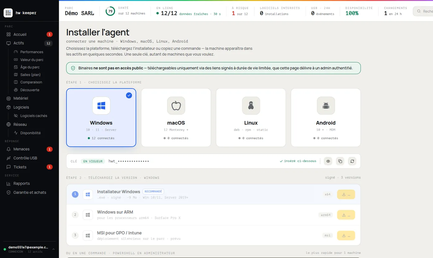Page d'installation de l'agent HWKeeper : choix de Windows, macOS, Linux ou Android et téléchargement de l'installateur