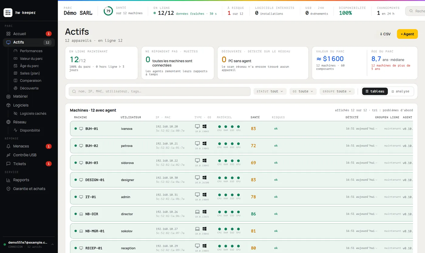 Liste des ordinateurs dans HWKeeper : nom, utilisateur, IP, OS, état du matériel, note de santé