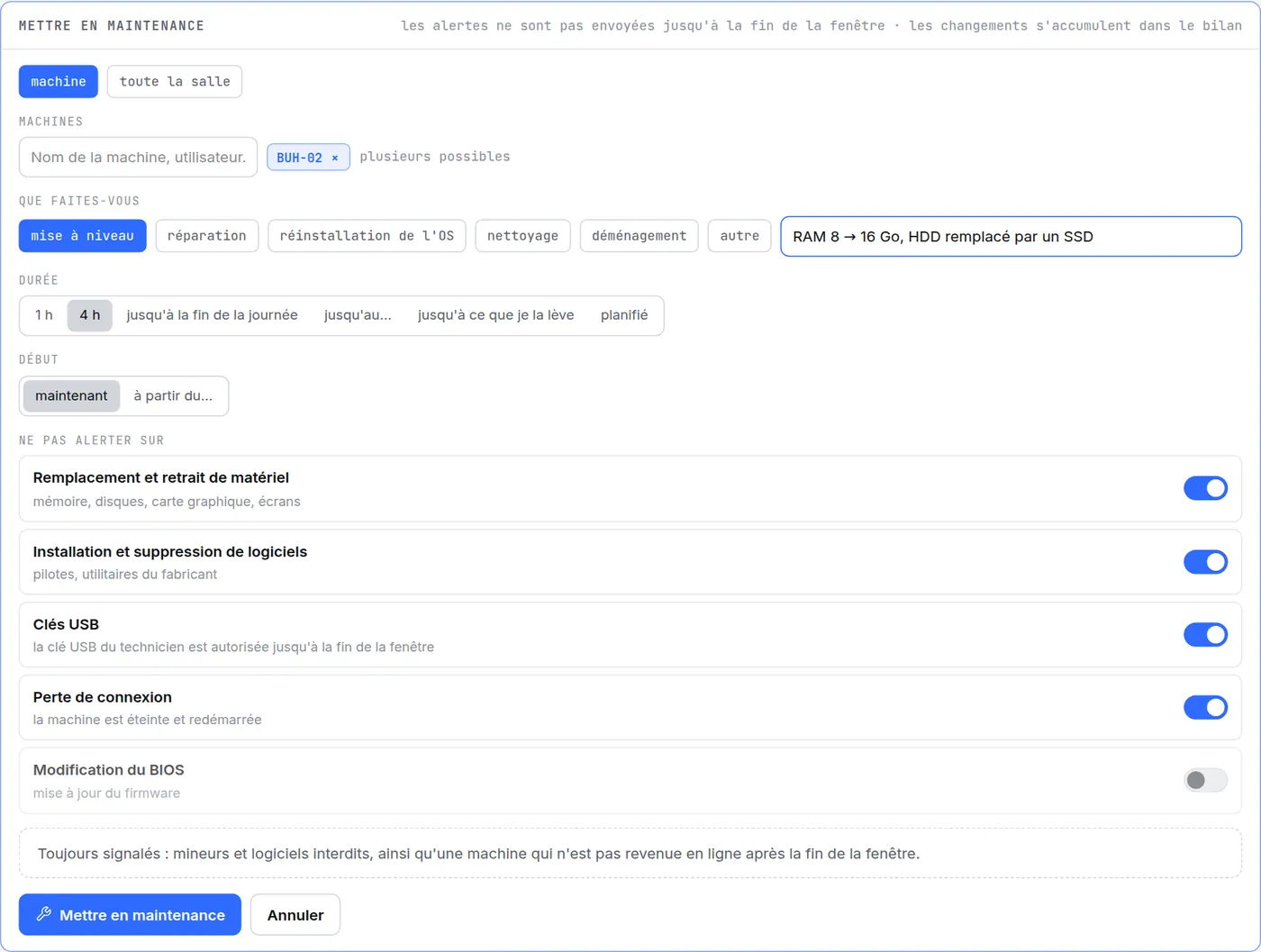 Formulaire « Mettre en maintenance » dans HWKeeper : machine BUH-02, mise à niveau, note « RAM 8 → 16 Go, HDD remplacé par un SSD », durée 4 heures, interrupteurs « ne pas alerter sur »