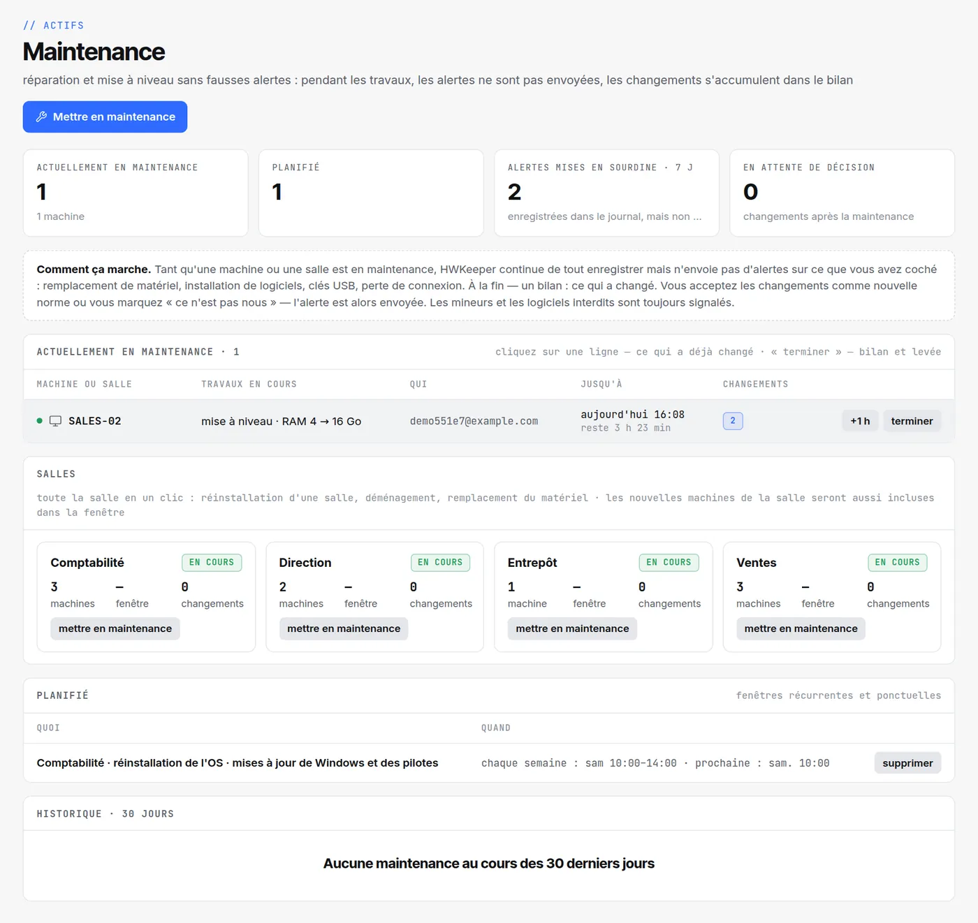 Page « Maintenance » : SALES-02 en mise à niveau de la mémoire, salles et fenêtre planifiée pour la Comptabilité le samedi
