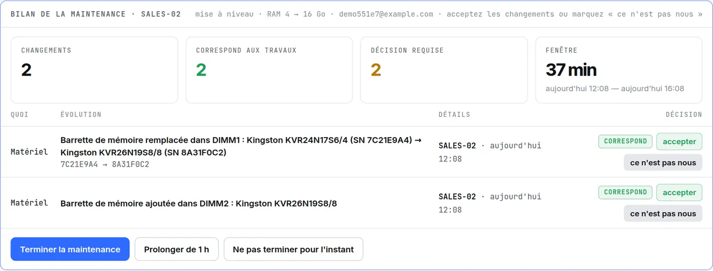 Bilan de la maintenance de SALES-02 : deux remplacements de mémoire correspondent aux travaux, boutons « accepter » et « ce n'est pas nous », « Terminer la maintenance »
