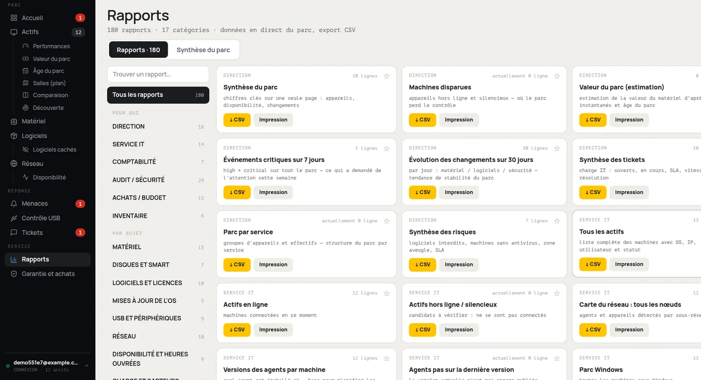 Section « Rapports » de HWKeeper : 180 rapports classés par catégorie pour la direction, l'informatique, la comptabilité, l'audit et les achats