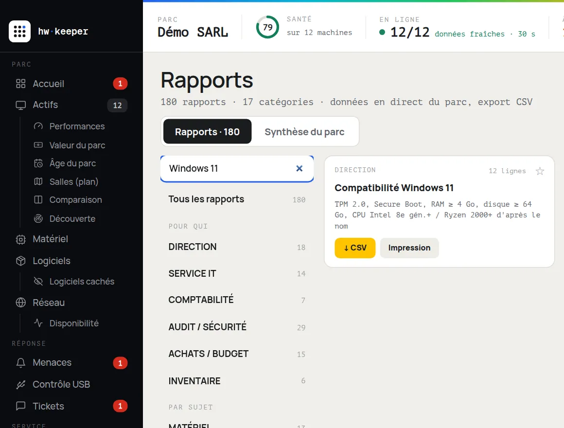 Section « Rapports » de HWKeeper, avec le rapport « Compatibilité Windows 11 » trouvé par la recherche