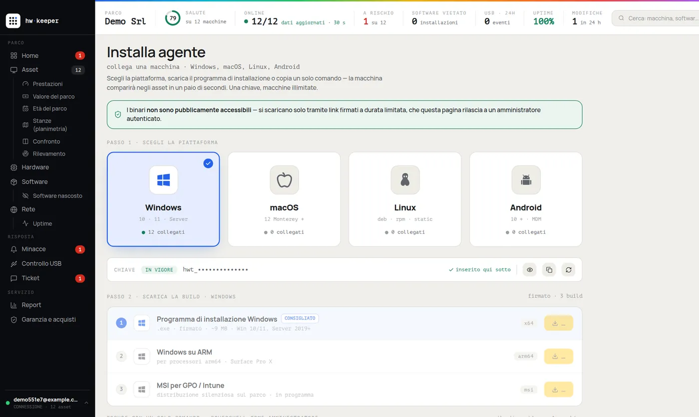 Pagina di installazione dell'agente HWKeeper: Windows, macOS, Linux, Android