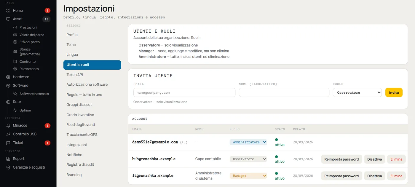 Impostazioni di HWKeeper: utenti e ruoli — Amministratore, Osservatore, Manager