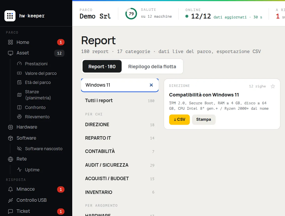 Sezione "Report" di HWKeeper, con il report "Compatibilità con Windows 11" trovato con la ricerca