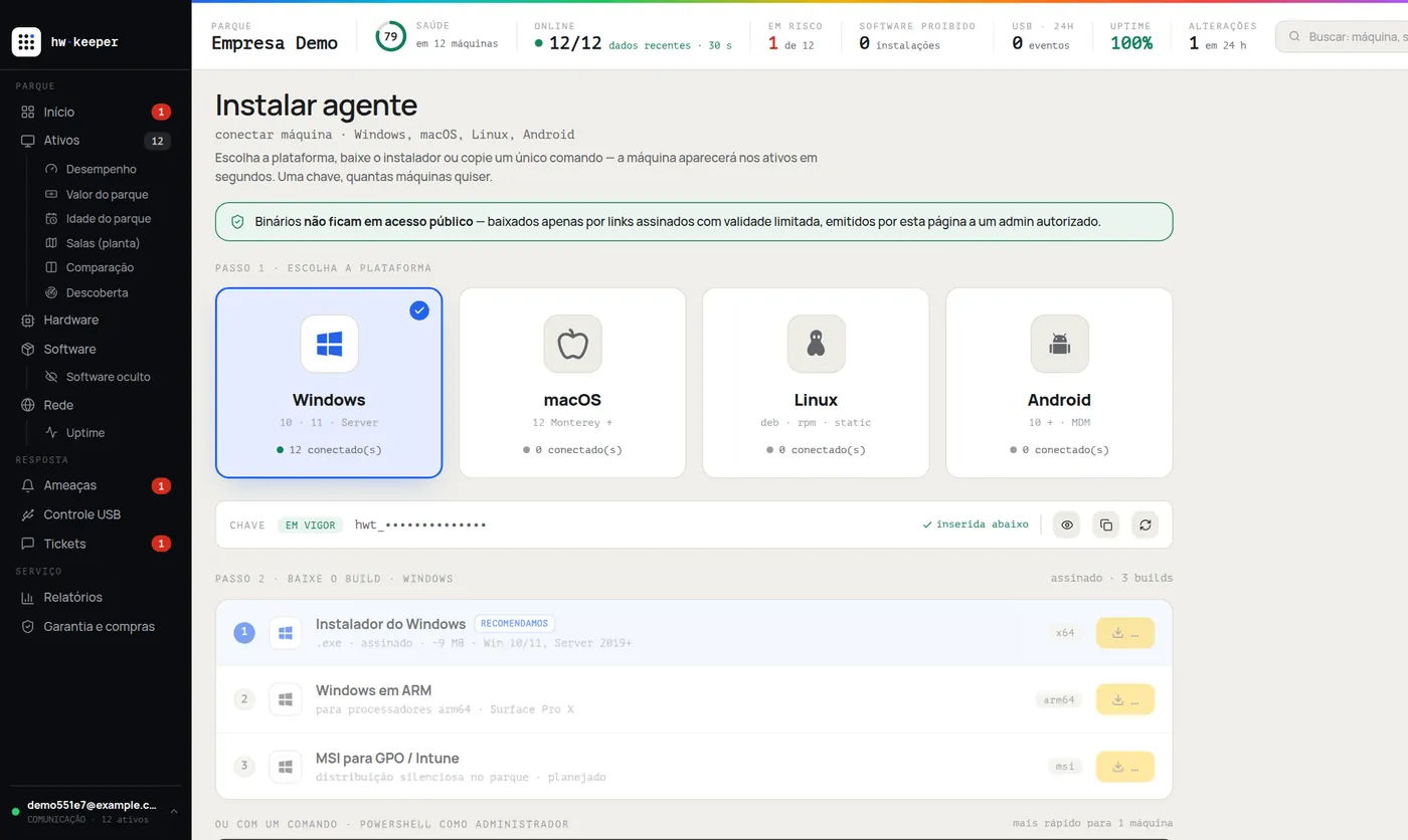 Página de instalação do agente HWKeeper: Windows, macOS, Linux, Android