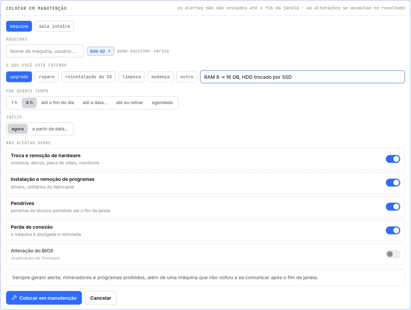 Formulário "Colocar em manutenção" do HWKeeper: máquina BUH-02, upgrade, nota "RAM 8 → 16 GB, HDD trocado por SSD", prazo de 4 horas, chaves "não alertar sobre"