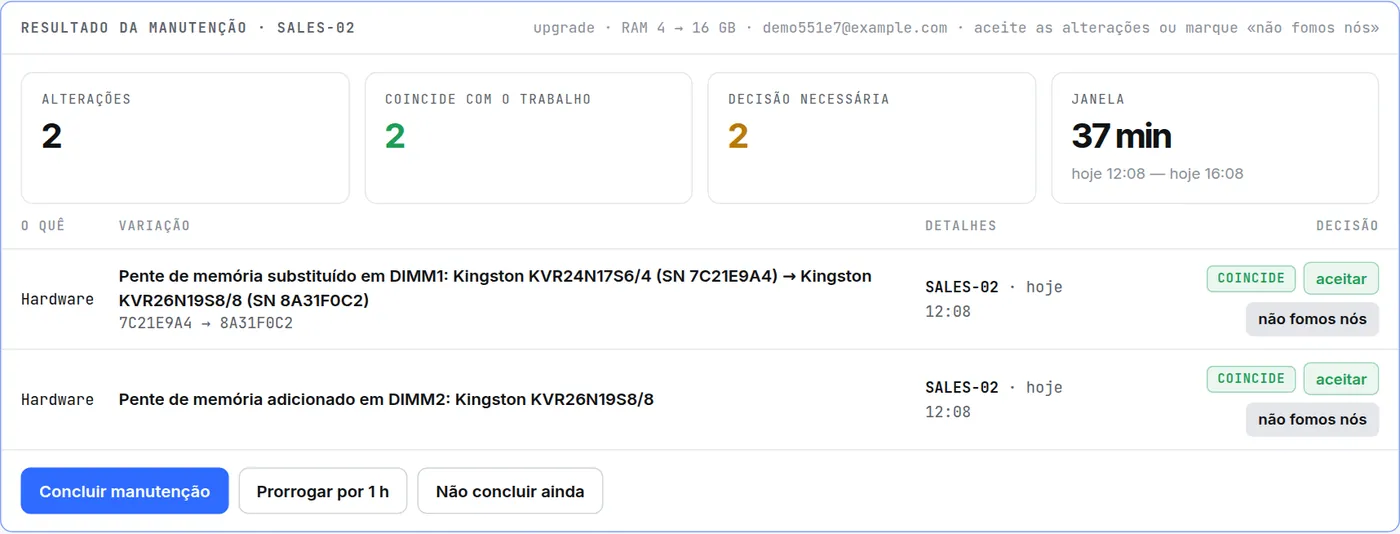 Resultado da manutenção de SALES-02: duas trocas de memória coincidem com o trabalho, botões "aceitar" e "não fomos nós", "Concluir manutenção"