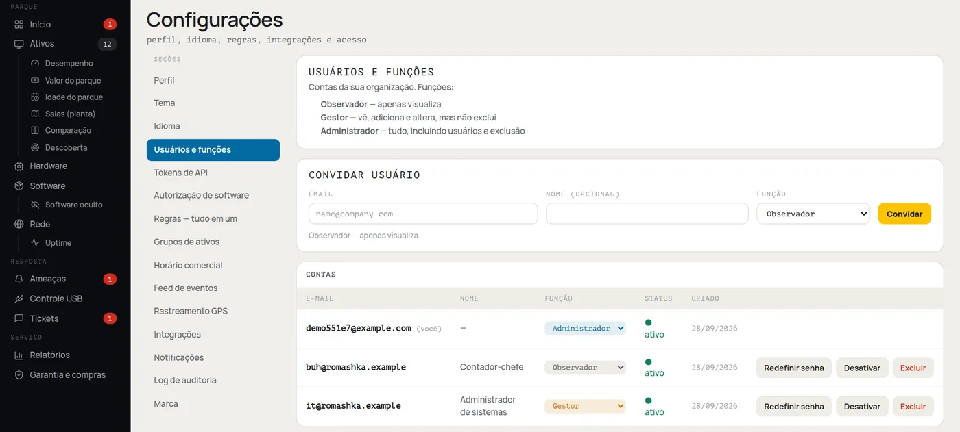 Configurações do HWKeeper: usuários e funções — Administrador, Observador, Gestor