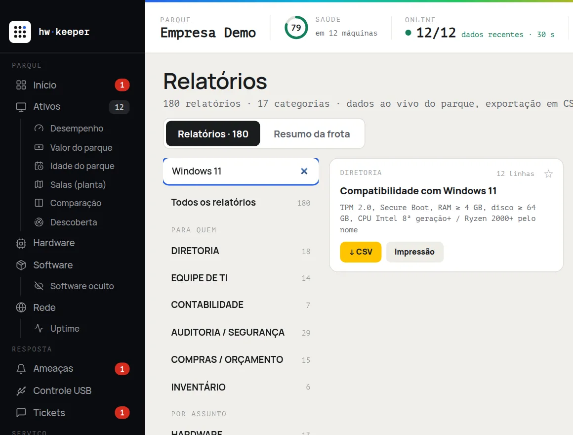 Seção "Relatórios" do HWKeeper, com o relatório "Compatibilidade com Windows 11" encontrado na busca
