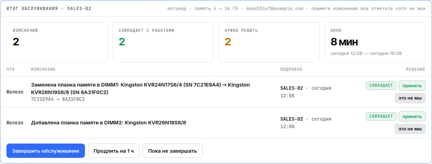 Итог обслуживания SALES-02: две замены памяти совпадают с работами, кнопки «принять» и «это не мы», «Завершить обслуживание»