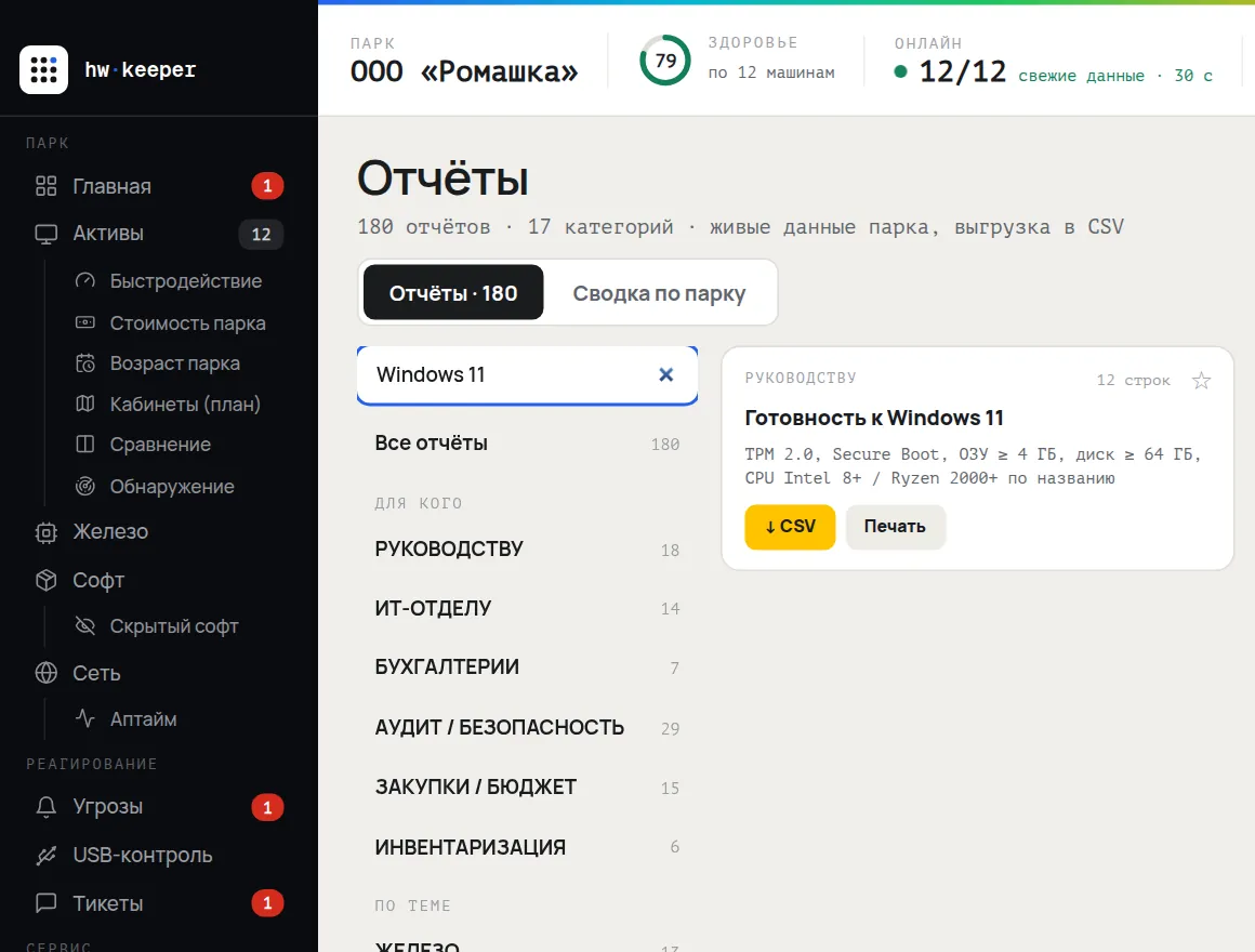 Раздел «Отчёты» в HWKeeper, найден отчёт «Готовность к Windows 11»