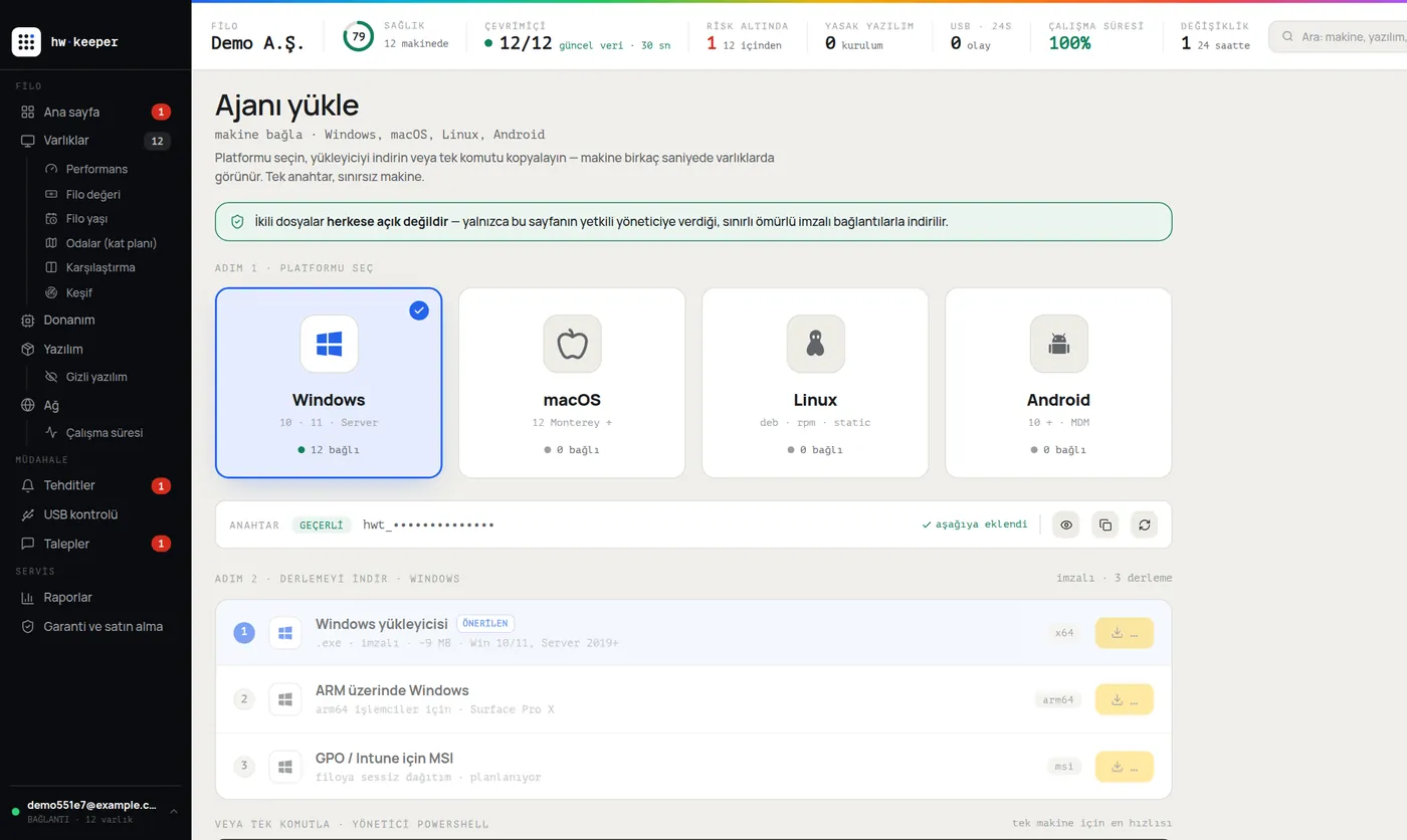 HWKeeper ajan kurulum sayfası: Windows, macOS, Linux, Android