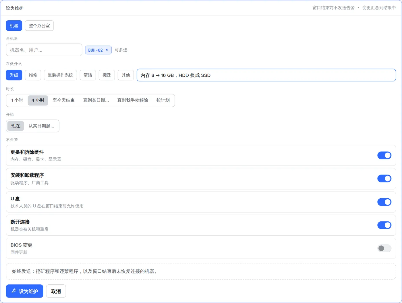 HWKeeper 中的“设为维护”表单：机器 BUH-02，升级，说明“内存 8 → 16 GB，HDD 换成 SSD”，时长 4 小时，“不告警”开关
