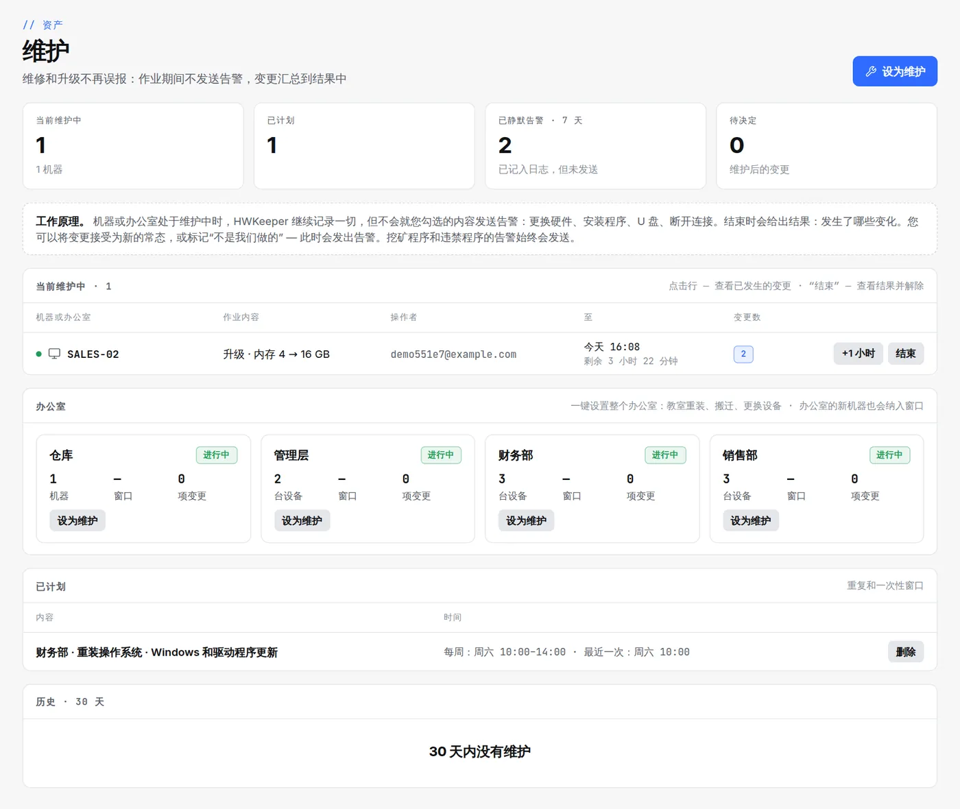 “维护”页面：SALES-02 正在升级内存，下方是办公室列表和财务部每周六的计划窗口